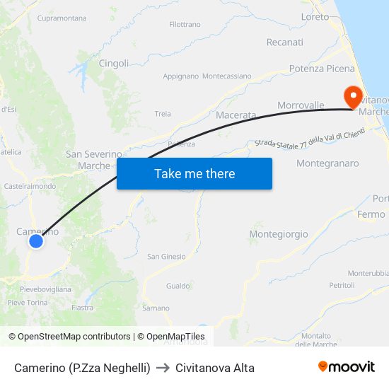 Camerino  (P.Zza Neghelli) to Civitanova Alta map