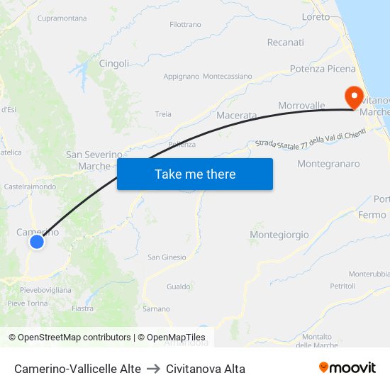 Camerino-Vallicelle Alte to Civitanova Alta map