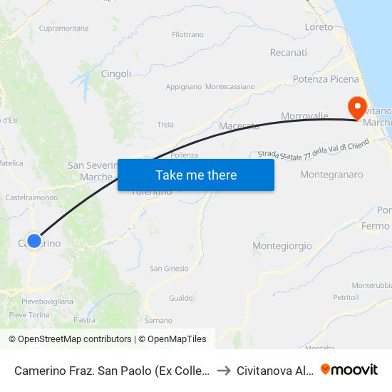 Camerino Fraz. San Paolo (Ex Collegi) to Civitanova Alta map
