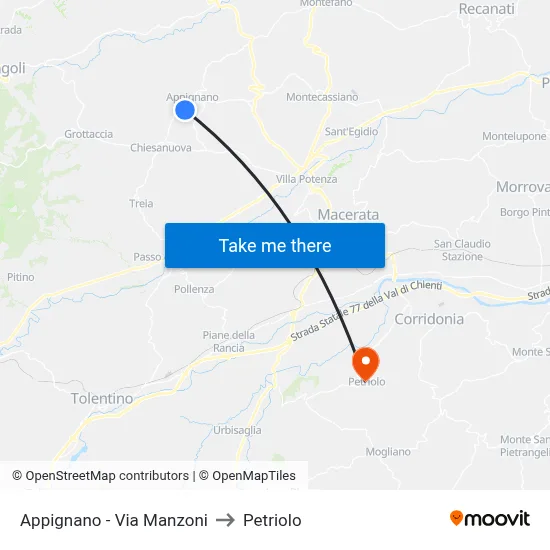 Appignano - Via Manzoni to Petriolo map