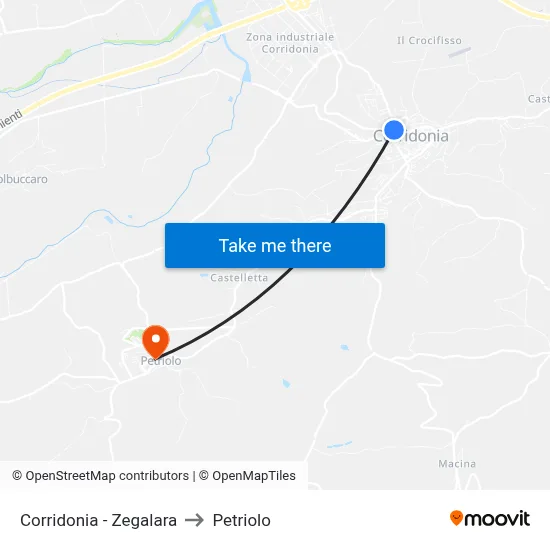 Corridonia - Zegalara to Petriolo map