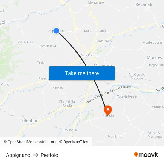 Appignano to Petriolo map