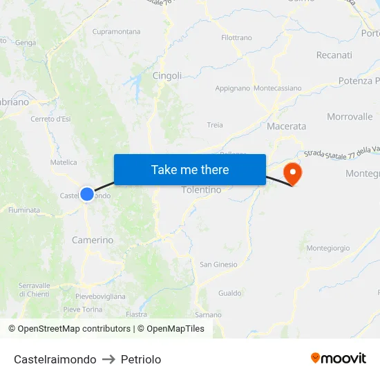 Castelraimondo to Petriolo map