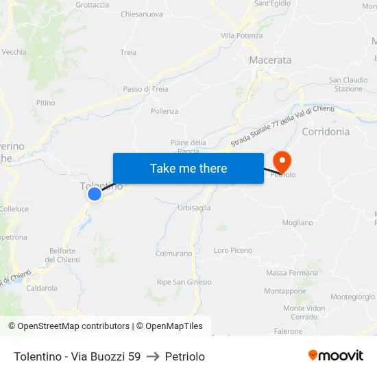 Tolentino - Via Buozzi 59 to Petriolo map