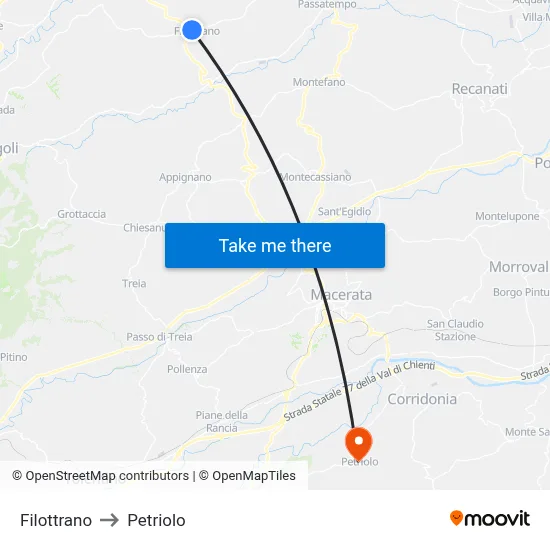 Filottrano to Petriolo map