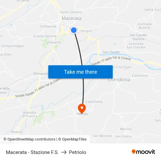 Macerata - Railway Station to Petriolo map