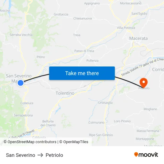 San Severino to Petriolo map