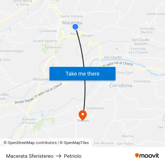 Macerata Sferistereo to Petriolo map