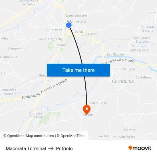 Macerata Terminal to Petriolo map