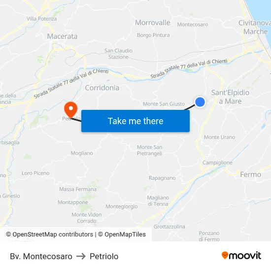 Montecosaro Junction to Petriolo map