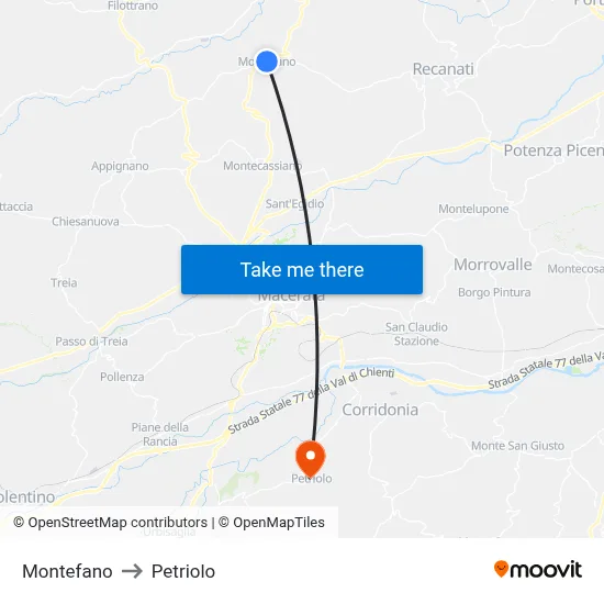 Montefano to Petriolo map