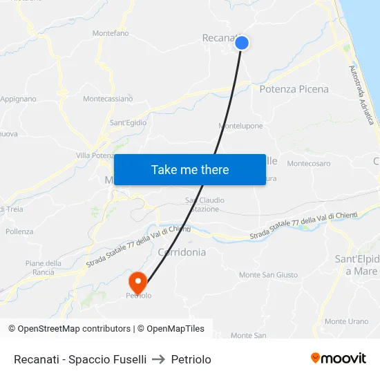 Recanati - Fuselli Store to Petriolo map