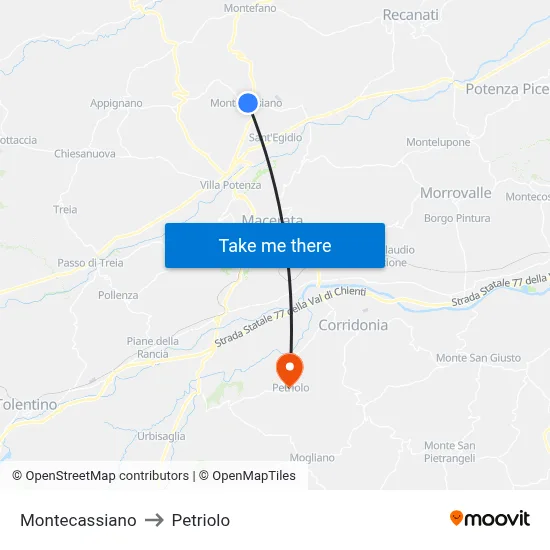 Montecassiano to Petriolo map