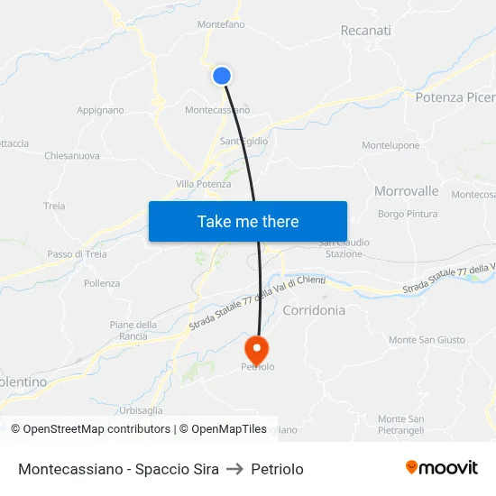 Montecassiano - Sira Store to Petriolo map