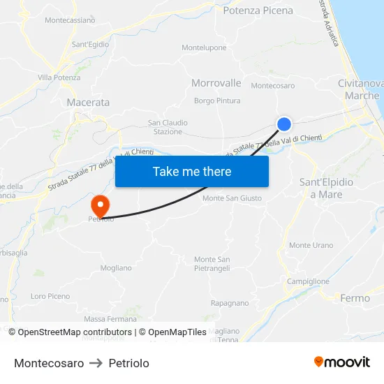 Montecosaro to Petriolo map
