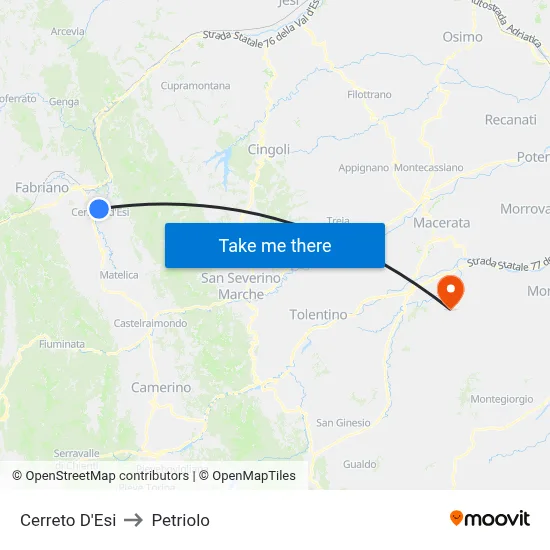Cerreto D'Esi to Petriolo map