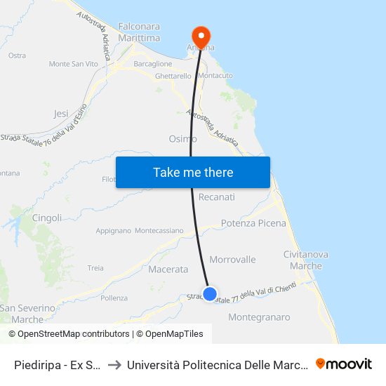 Piediripa - Ex S.S. 485 Case Bellesi to Università Politecnica Delle Marche - Facoltà Di Economia ""Giorgio Fuà"" map