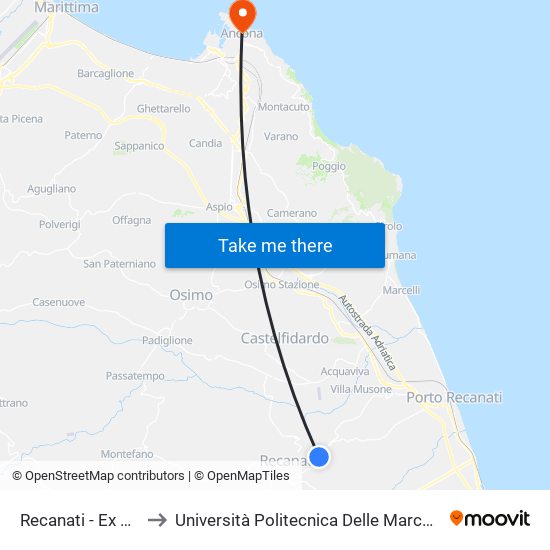 Recanati - Ex S.S. 77 Conero Bus to Università Politecnica Delle Marche - Facoltà Di Economia ""Giorgio Fuà"" map