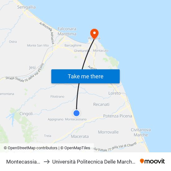 Montecassiano - Spaccio Sira to Università Politecnica Delle Marche - Facoltà Di Economia ""Giorgio Fuà"" map