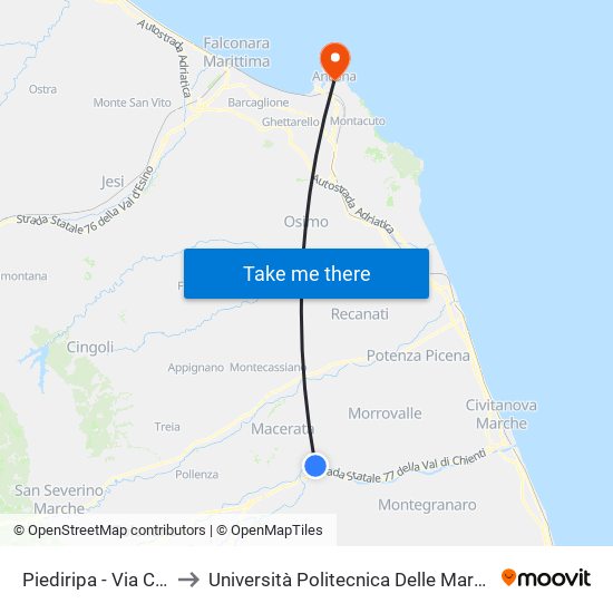 Piediripa - Via Cluentina - Incr. Anniba to Università Politecnica Delle Marche - Facoltà Di Economia ""Giorgio Fuà"" map