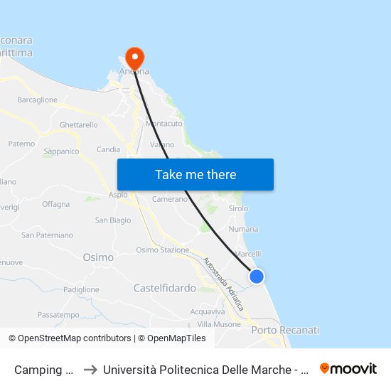 Camping Numana Blu to Università Politecnica Delle Marche - Facoltà Di Economia ""Giorgio Fuà"" map