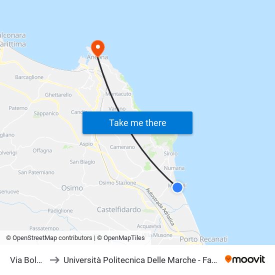 Via Bologna - Iat to Università Politecnica Delle Marche - Facoltà Di Economia ""Giorgio Fuà"" map