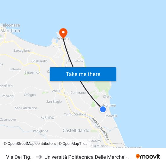 Via Dei Tigli - Castagni to Università Politecnica Delle Marche - Facoltà Di Economia ""Giorgio Fuà"" map