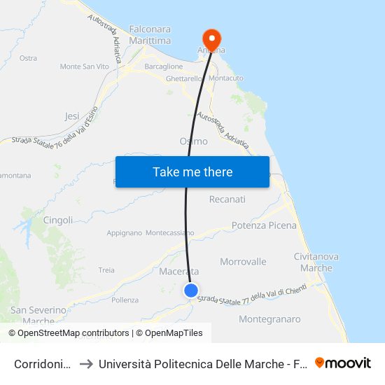 Corridonia-Mogliano to Università Politecnica Delle Marche - Facoltà Di Economia ""Giorgio Fuà"" map