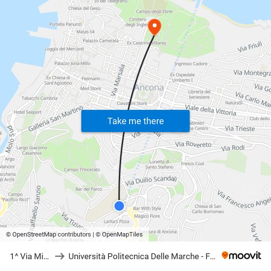 1^ Via Michelangelo to Università Politecnica Delle Marche - Facoltà Di Economia ""Giorgio Fuà"" map