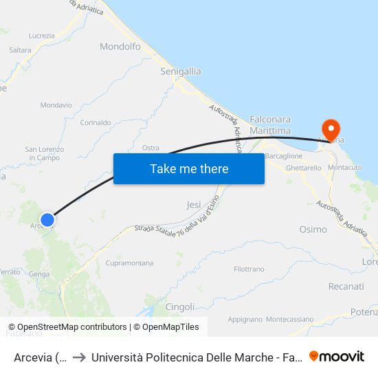 Arcevia (Cimitero) to Università Politecnica Delle Marche - Facoltà Di Economia ""Giorgio Fuà"" map