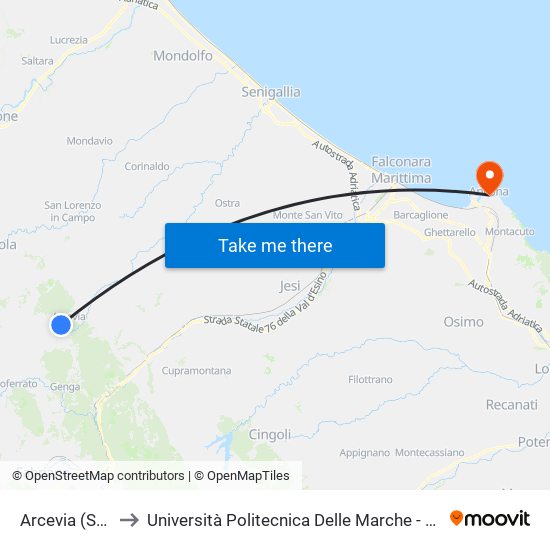 Arcevia (Santa Croce). to Università Politecnica Delle Marche - Facoltà Di Economia ""Giorgio Fuà"" map