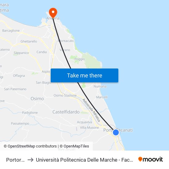 Portorecanati to Università Politecnica Delle Marche - Facoltà Di Economia ""Giorgio Fuà"" map