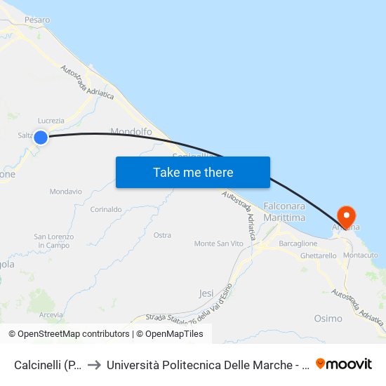 Calcinelli (P.Te Metauro) to Università Politecnica Delle Marche - Facoltà Di Economia ""Giorgio Fuà"" map