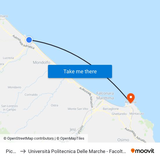 Piceno 1 to Università Politecnica Delle Marche - Facoltà Di Economia ""Giorgio Fuà"" map