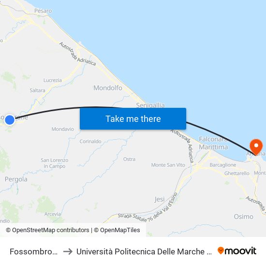 Fossombrone (Le Mosse) to Università Politecnica Delle Marche - Facoltà Di Economia ""Giorgio Fuà"" map