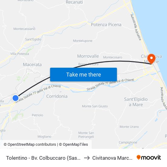 Tolentino - Bv. Colbuccaro (Sasp) to Civitanova Marche map