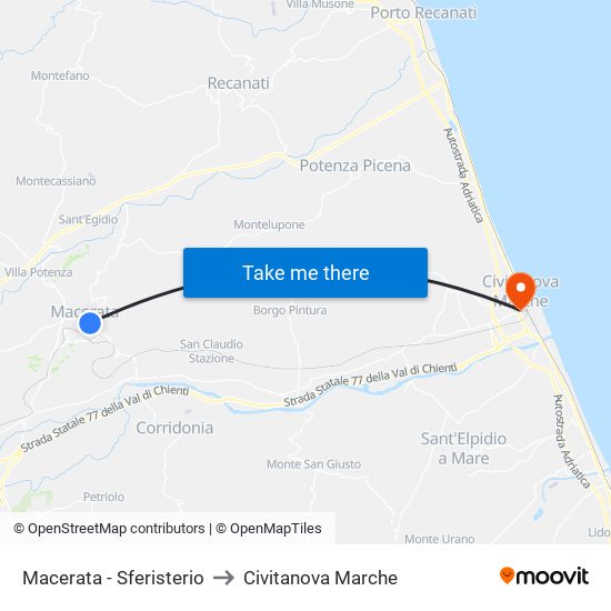 Macerata - Sferisterio to Civitanova Marche map