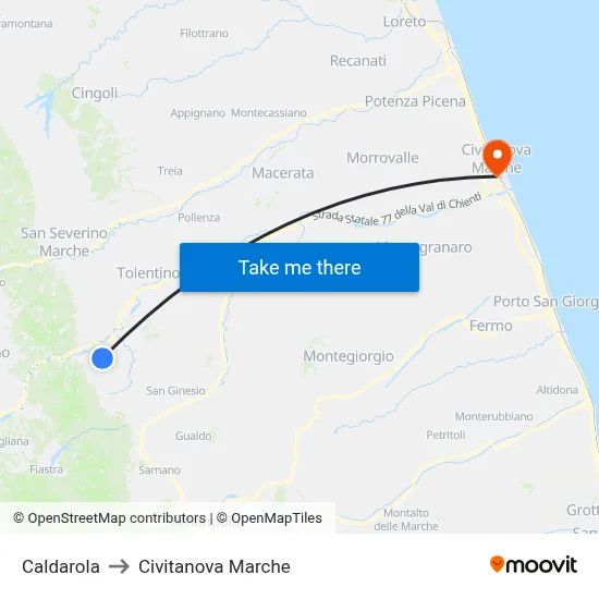 Caldarola to Civitanova Marche map