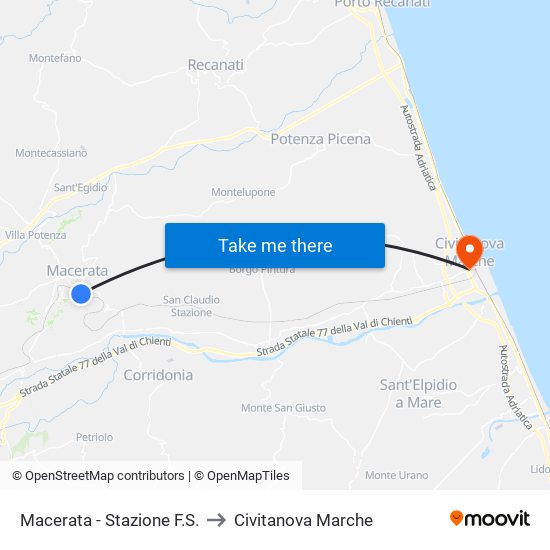 Macerata - Stazione F.S. to Civitanova Marche map