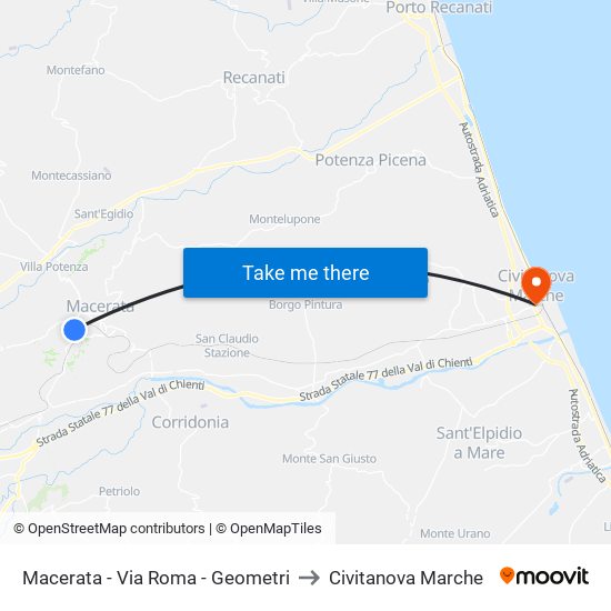 Macerata - Via Roma - Geometri to Civitanova Marche map