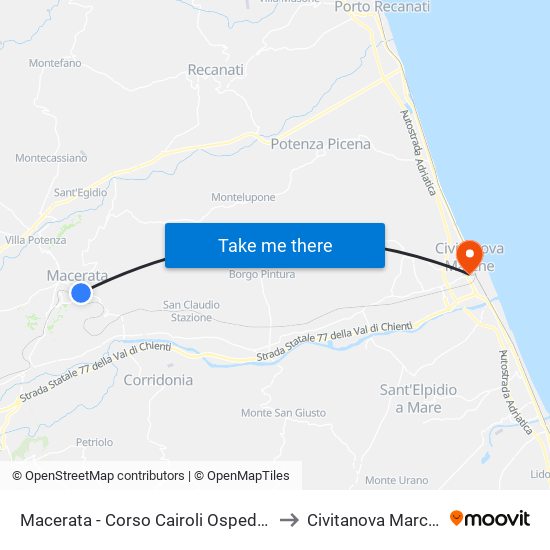 Macerata - Corso Cairoli Ospedale to Civitanova Marche map