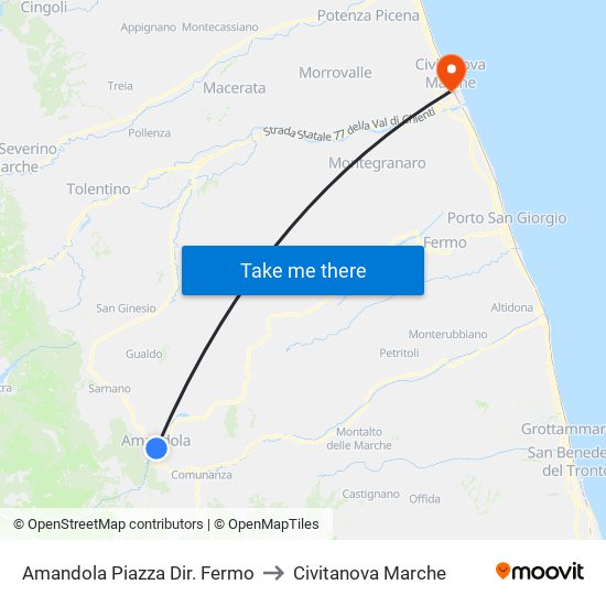 Amandola Piazza Dir. Fermo to Civitanova Marche map