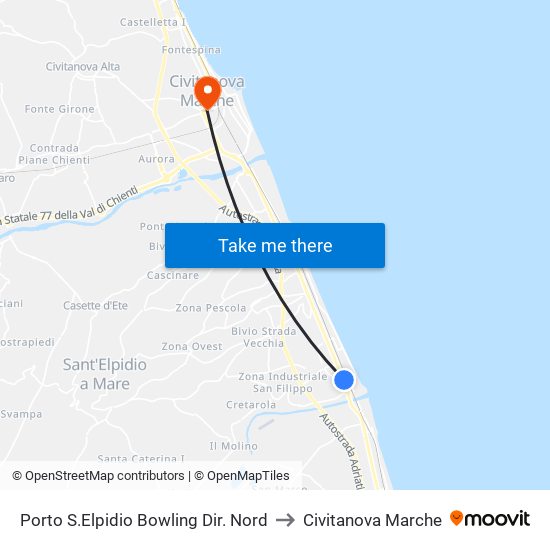 Porto S.Elpidio Bowling Dir. Nord to Civitanova Marche map