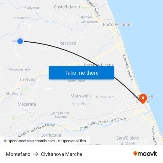 Montefano to Civitanova Marche map