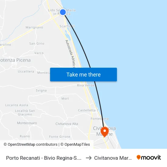 Porto Recanati - Regina-SS16 Junction to Civitanova Marche map