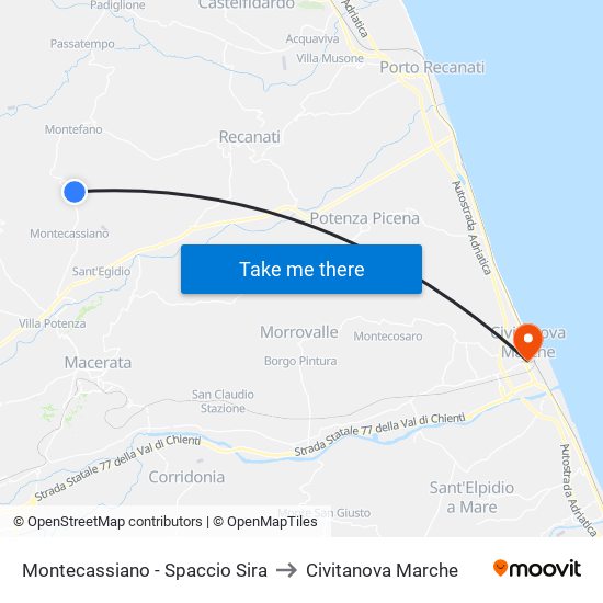 Montecassiano - Spaccio Sira to Civitanova Marche map