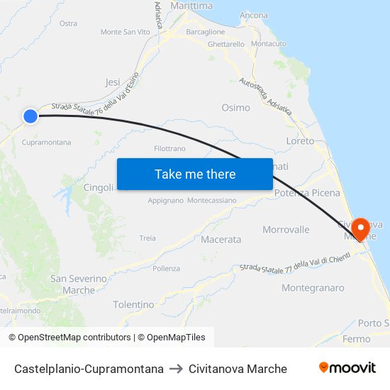 Castelplanio-Cupramontana to Civitanova Marche map