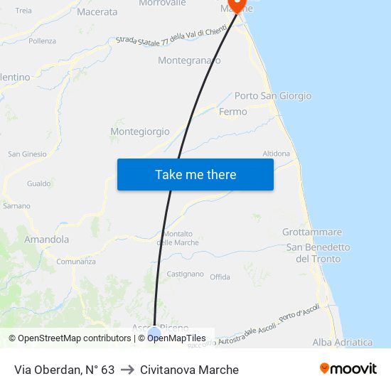 Via Oberdan, N° 63 to Civitanova Marche map