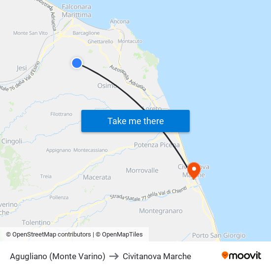 Agugliano (Monte Varino) to Civitanova Marche map