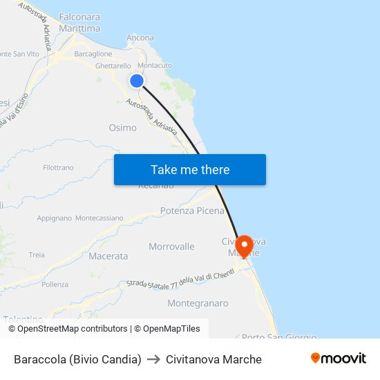 Baraccola (Bivio Candia) to Civitanova Marche map